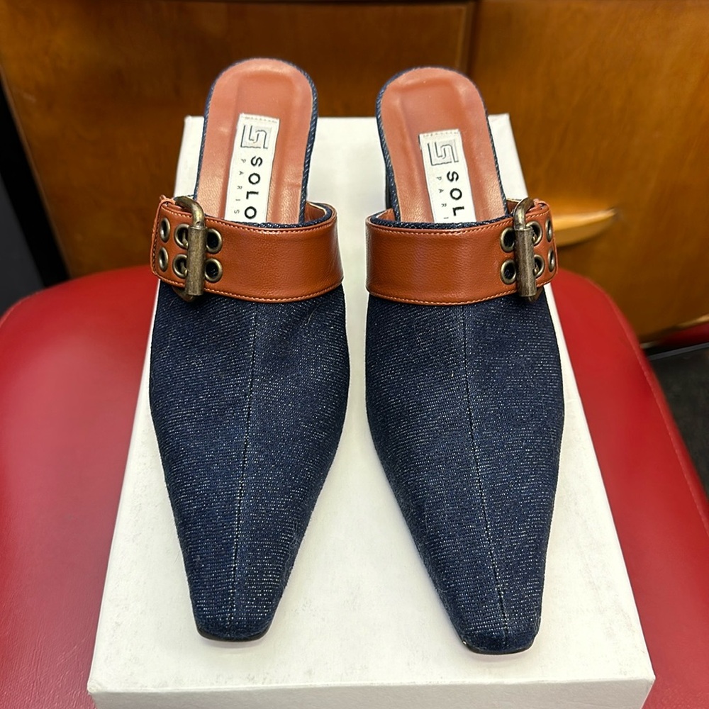 Solo Paris denim and belted heels. Size 36. Like new